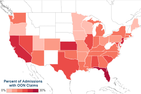 Surprise out-of-network medical bills during in-network hospital admissions varied by state and medical specialty, 2016